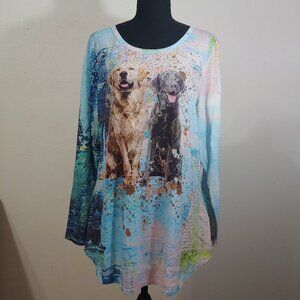 One World Dog Graphic Studded Long Sleeve Blouse Tunic